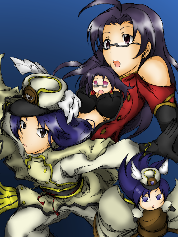 4girls arc_system_works artist_request bare_shoulders between_breasts black_hair blazblue blue_eyes blue_hair breasts chinese_clothes clone cosplay female glasses hat idolmaster imai_asami kisaragi_chihaya litchi_faye_ling litchi_faye_ling_(cosplay) long_hair looking_at_viewer minigirl miura_azusa multiple_girls namco open_mouth seiyuu_connection serious takahashi_chiaki tsubaki_yayoi tsubaki_yayoi_(cosplay) uniform violet_eyes