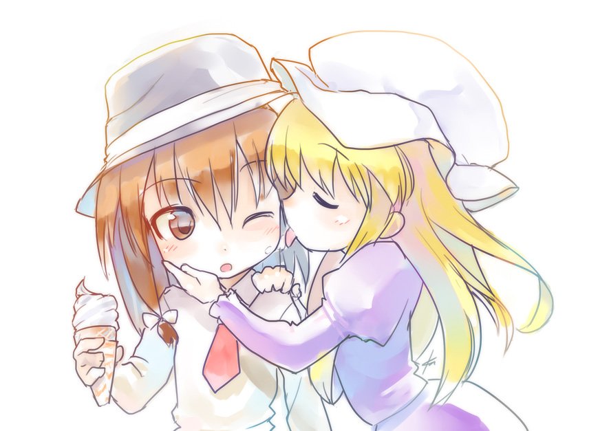 2girls blonde_hair brown_hair cheek_licking closed_eyes ebizome face_licking food food_on_face hat ice_cream ice_cream_cone ice_cream_on_face juliet_sleeves licking long_sleeves maribel_hearn mob_cap multiple_girls one_eye_closed puffy_sleeves tongue tongue_out touhou usami_renko