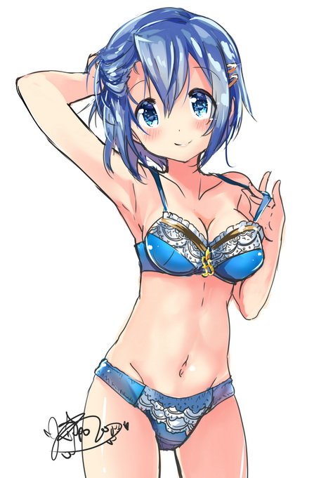 1girl armpits blue_bow blue_eyes blue_hair blue_panties blush bow bra breasts cleavage collarbone cowboy_shot gleision_adain hair_between_eyes hair_ornament hairclip hand_in_hair looking_at_viewer mahou_shoujo_madoka_magica medium_breasts miki_sayaka navel panties short_hair signature simple_background smile solo stomach strap_lift underwear underwear_only white_background