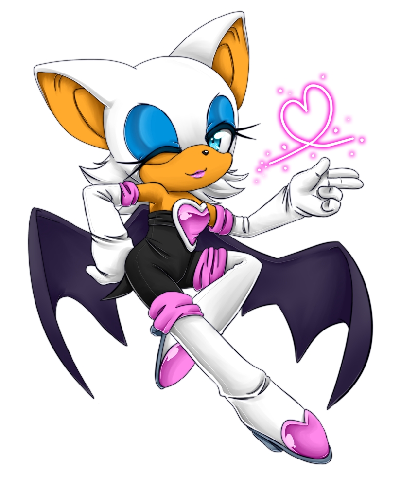 1girl ass bat_ears bat_wings breasts cleavage elbow_gloves eyelashes eyeshadow hand_gesture heart kiss large_breasts lipstick rouge_the_bat sega solo sonic_the_hedgehog wings wink