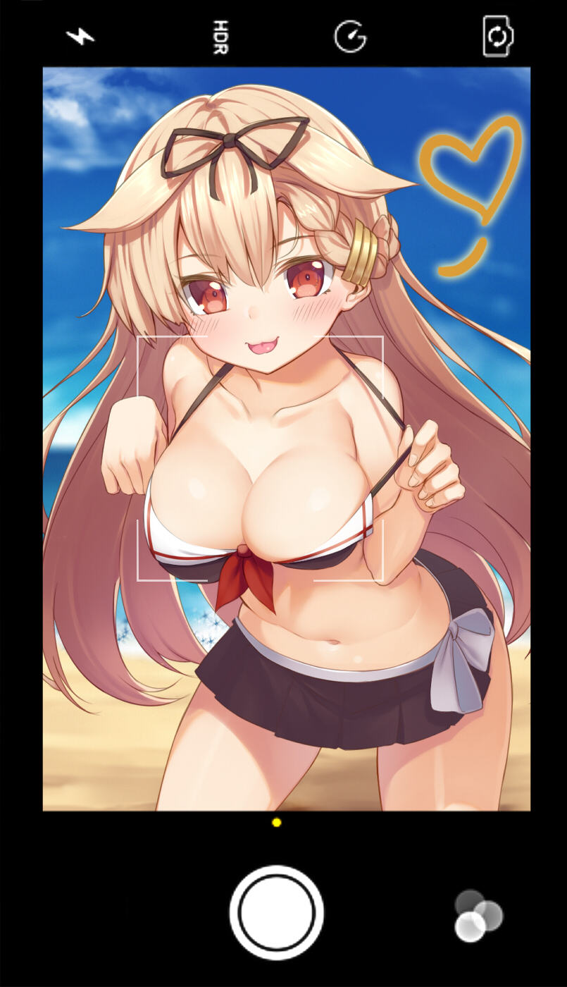 1girl bangs bare_shoulders beach bikini bikini_skirt black_bikini black_ribbon black_skirt blonde_hair blue_sky blush braid breasts cellphone cellphone_camera cleavage clouds collarbone commentary_request day front-tie_top hair_flaps hair_ornament hair_ribbon hairclip highres kantai_collection kneeling large_breasts leaning_forward long_hair looking_at_viewer messy_hair naughty_face navel ocean outdoors phone pleated_skirt red_eyes ribbon rokuroku_(xd_p) single_braid skirt sky smile solo strap_pull swimsuit tongue tongue_out water yuudachi_(kantai_collection)
