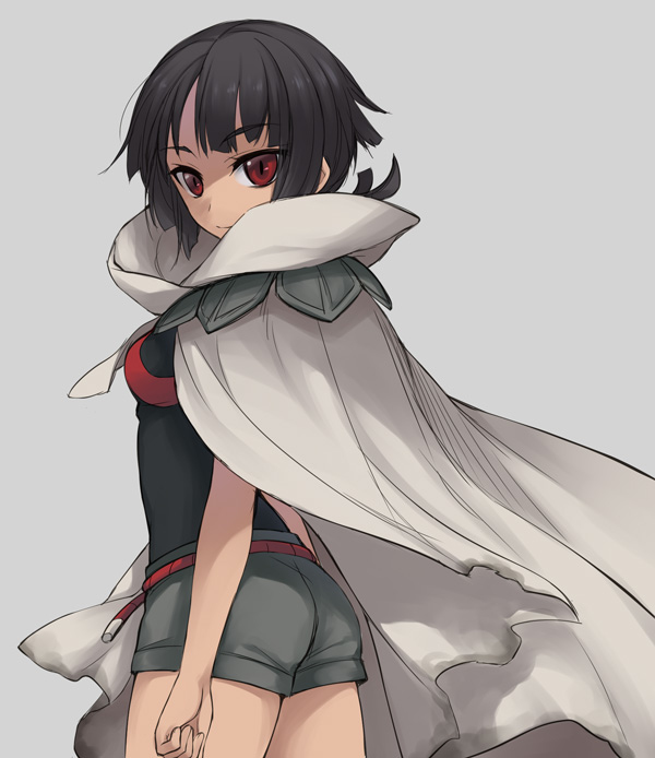 10s 1girl black_hair cape female higana_(pokemon) looking_back pixiv_manga_sample pokemon pokemon_(game) pokemon_oras red_eyes shorts solo utsugi_(skydream)