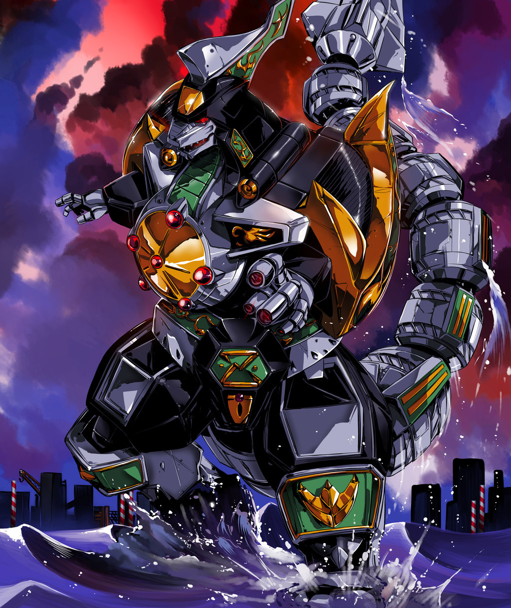 city clouds dragon_caesar dragonzord drill horn legs machine mecha mega_dragonzord mighty_morphin_power_rangers no_humans ocean power_rangers sentai super_sentai tail