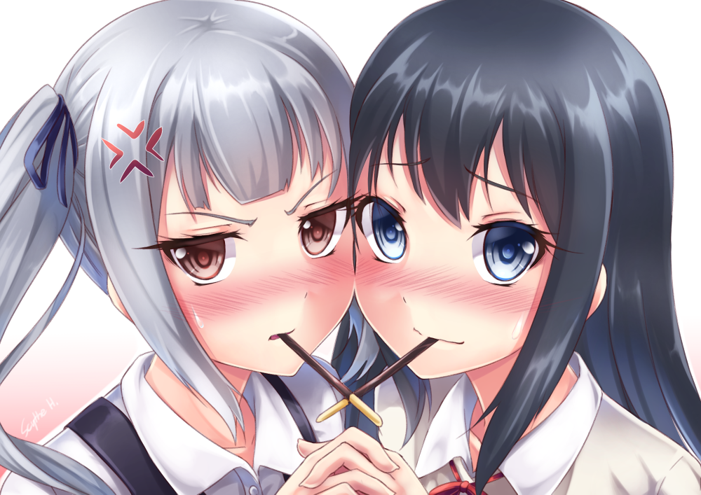 2girls asashio_(kantai_collection) black_hair black_ribbon blue_eyes blush brown_eyes buttons dress food grey_hair hair_ribbon kantai_collection kasumi_(kantai_collection) long_hair long_sleeves miyabi_urumi multiple_girls neck_ribbon pinafore_dress pocky pocky_kiss red_ribbon remodel_(kantai_collection) ribbon school_uniform shared_food shirt side_ponytail silver_hair sleeveless sleeveless_dress smile sweatdrop white_shirt