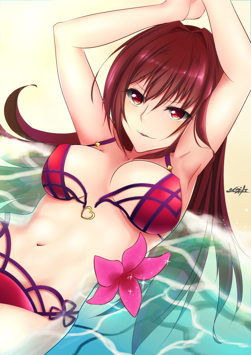 1girl arms_up beach bikini breasts chevalier_ff14 fate/grand_order fate_(series) flower heart highres large_breasts light_smile long_hair looking_at_viewer ocean partially_submerged purple_bikini purple_hair scathach_(fate/grand_order) scathach_(swimsuit_assassin)_(fate) signature solo swimsuit wardrobe_malfunction water