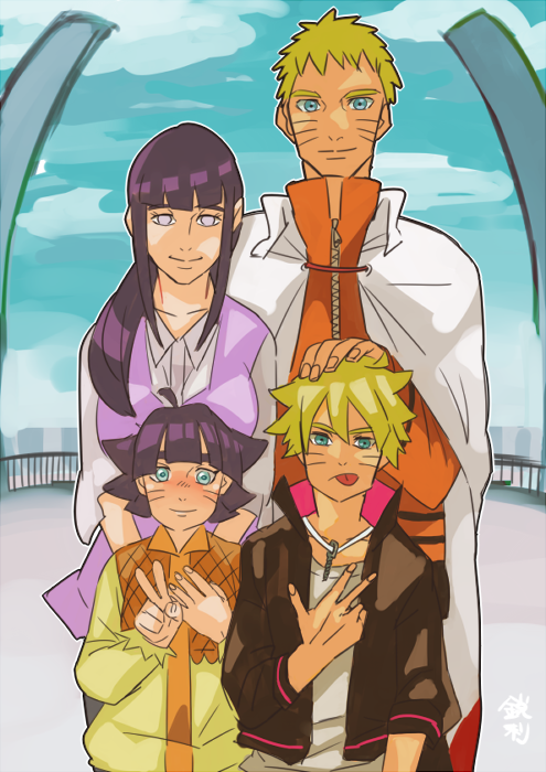 2boys 2girls ahoge blue_eyes cloak eiri_(have-chase_a_dream) family hyuuga_hinata lavender_eyes multiple_boys multiple_girls naruto spiky_hair tongue tongue_out uzumaki_boruto uzumaki_himawari uzumaki_naruto v whiskers