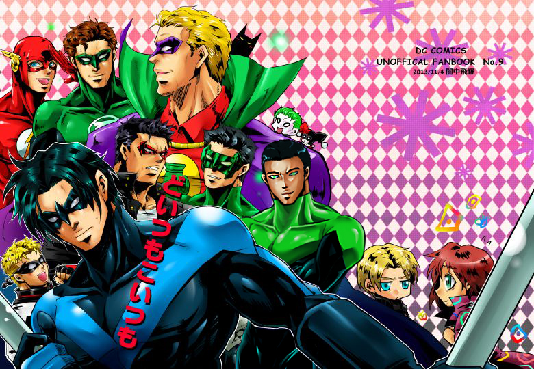 6+boys alan_scott barry_allen batman batman_(series) black_hair blonde_hair blue_eyes bodysuit brothers bruce_wayne cape dark_skin dc_comics dick_grayson domino_mask escrima_stick green_lantern green_lantern_(series) hal_jordan harley_quinn hellblazer jacket jason_todd john_constantine john_stewart kyle_rayner mask multiple_boys nightwing rac_shade red_hood red_hood_(dc) siblings the_flash the_joker