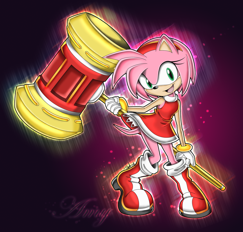 1girl amy_rose boots bracelet dress female green_eyes hammer happy headband jewelry open_mouth pink_hair sega smile solo sonic_the_hedgehog tail