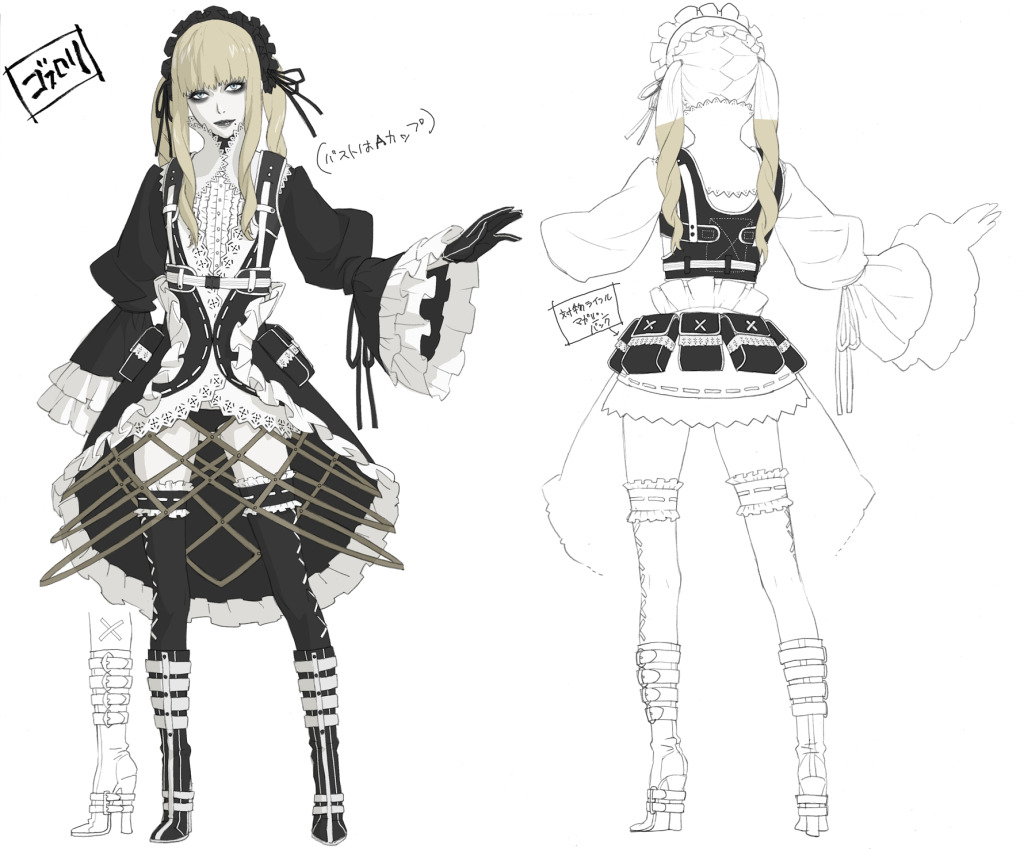 1girl bangs black_legwear blonde_hair blunt_bangs boots character_sheet concept_art eyeshadow from_behind gloves gothic_lolita grasshopper_manufacture hairband high_heel_boots high_heels lipstick lolita_fashion lolita_hairband looking_at_viewer makeup margaret_moonlight mole no_more_heroes no_more_heroes_2 simple_background standing thigh-highs twintails white_background white_hair