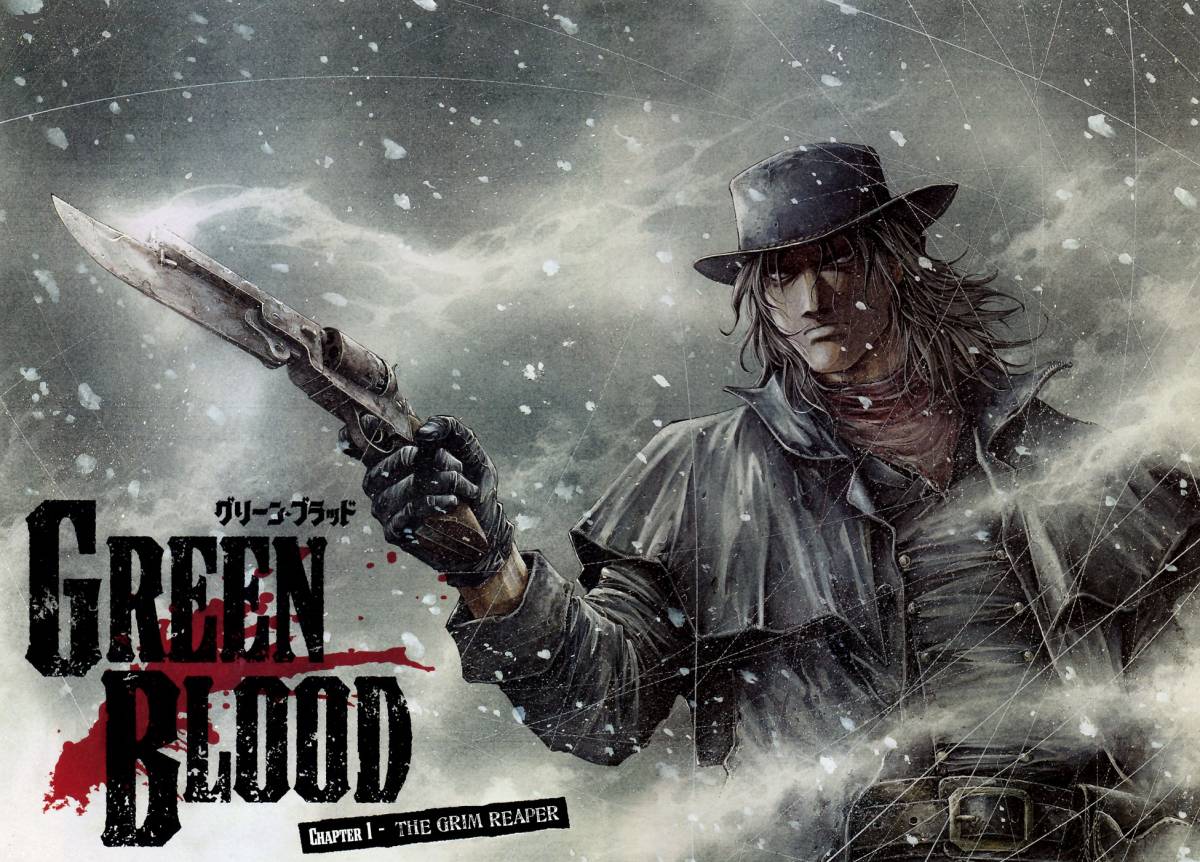 black_hair brad_burns coat cowboy green_blood gun gunblade handgun hat long_hair pistol_sword revolver snow weapon western
