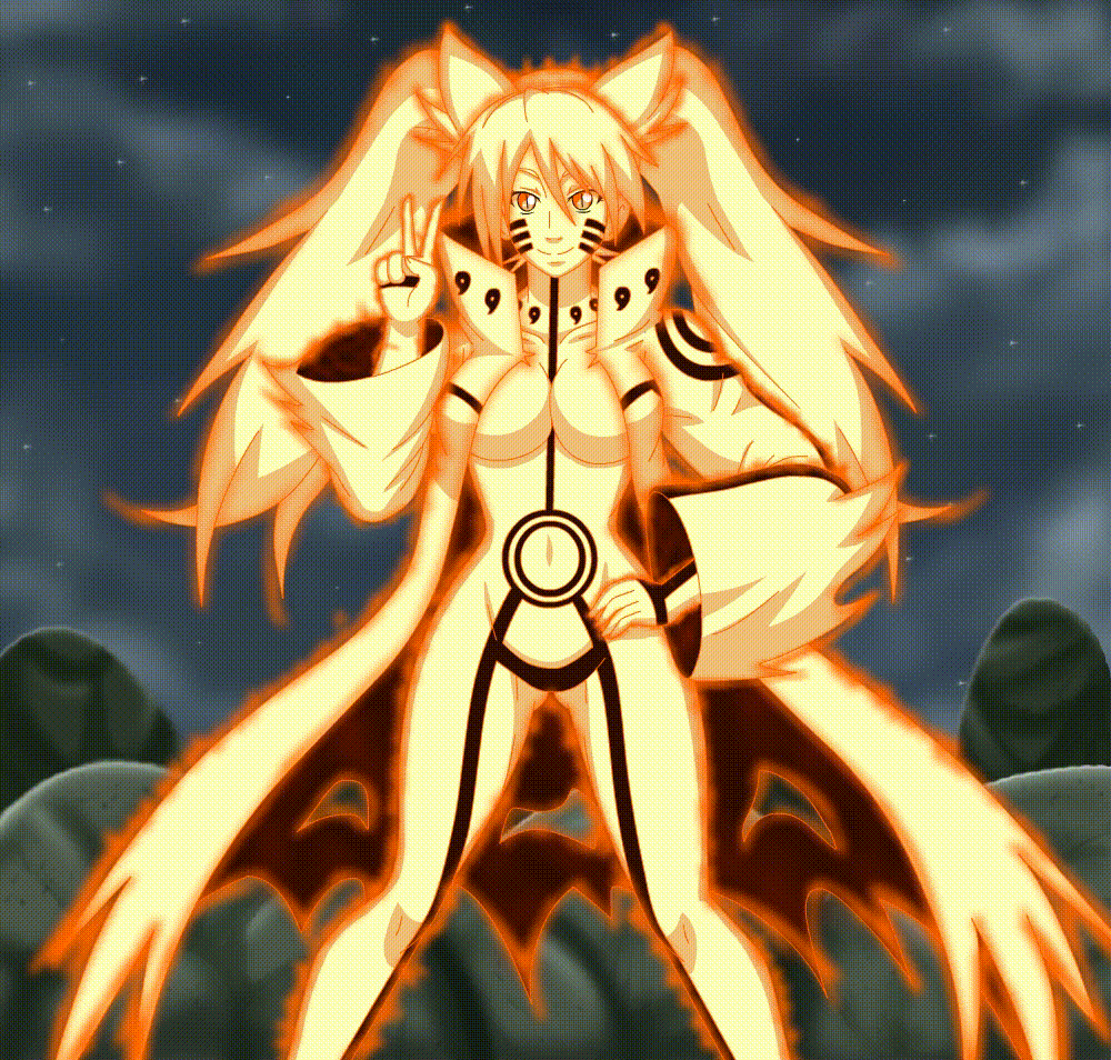 1girl animal_ears animated animated_gif aura breasts fiery_aura genderswap glowing gluteal_fold hand_on_hip kyuubi_(naruto) large_breasts long_hair naruko naruto navel red_eyes slit_pupils smile solo twintails v whiskers