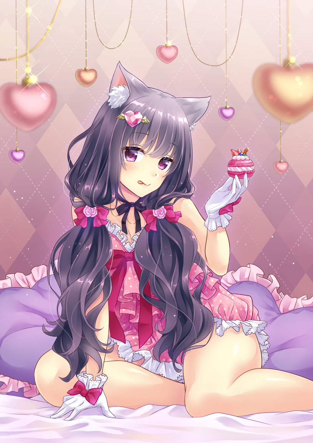 1girl animal_ears argyle argyle_background bangs bauble bed_sheet black_hair black_ribbon blush bow brown_background cat_ears commentary daidai_jamu dress eyebrows eyebrows_visible_through_hair food frilled_dress frilled_pillow frills fruit gloves hair_ornament heart_hair_ornament heart_print highres holding holding_food lace lace-trimmed_dress lace-trimmed_gloves licking_lips long_hair looking_at_viewer low_twintails macaron original pillow pink_bow pink_dress pink_ribbon ribbon sitting solo strawberry thighs tongue tongue_out twintails violet_eyes wavy_hair whipped_cream white_gloves yokozuwari