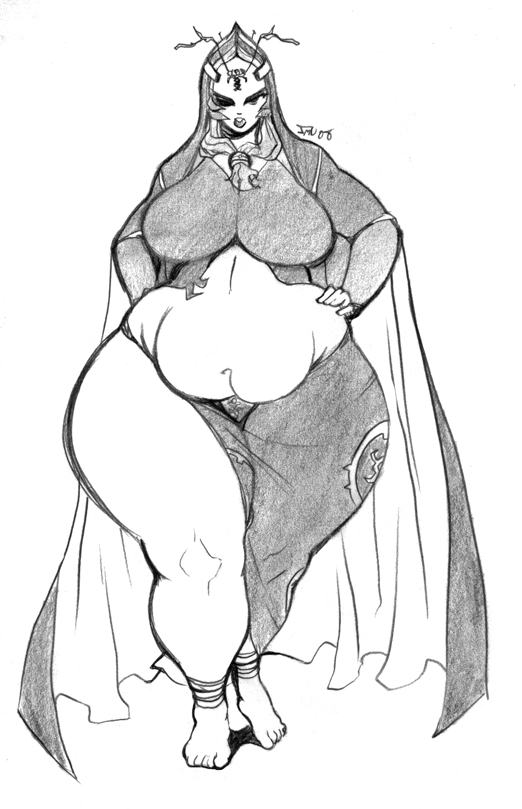 1girl fat kaigetsudo looking_at_viewer midna midna_(true) monochrome spoilers the_legend_of_zelda the_legend_of_zelda:_twilight_princess thick_thighs