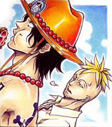 2boys black_hair blonde_hair eating facial_hair food freckles goatee hat jewelry jolly_roger lowres male_focus marco multiple_boys necklace one_piece portgas_d_ace stampede_string tattoo whitebeard_pirates