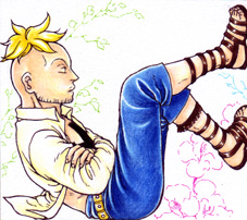 1boy abstract_background blonde_hair capri_pants crossed_arms lowres male_focus marco one_piece open_clothes open_shirt pants sandals shirt sitting tattoo white_background whitebeard_pirates