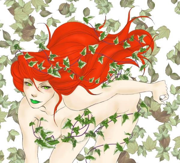 1girl batman_(series) dc_comics green_eyes lipstick long_hair makeup nude plant poison_ivy simple_background solo vines