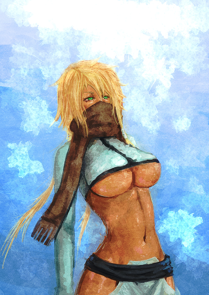 1girl bangs bleach blonde_hair breasts covering covering_mouth crop_top dark_skin female green_eyes hair_between_eyes large_breasts long_hair long_sleeves looking_to_the_side messy_hair midriff navel scarf shirt shousudori solo tier_harribel under_boob white_shirt