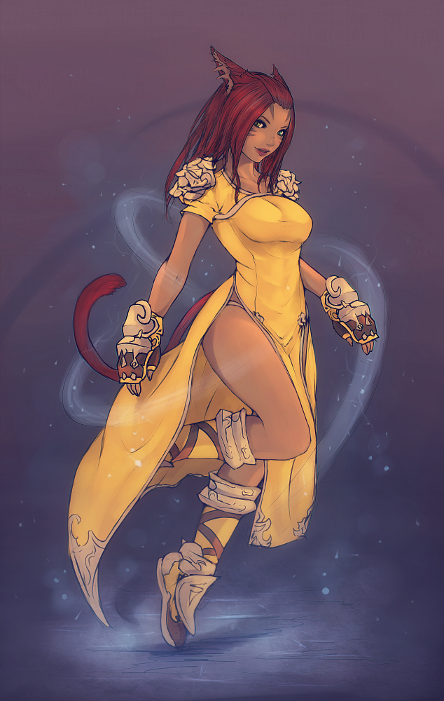 1girl boots breasts cat_ears cat_tail dark_skin dress facial_mark final_fantasy final_fantasy_xiv full_body gauntlets knee_up looking_at_viewer miqo'te parted_lips side_slit smile solo soranamae tail yellow_dress