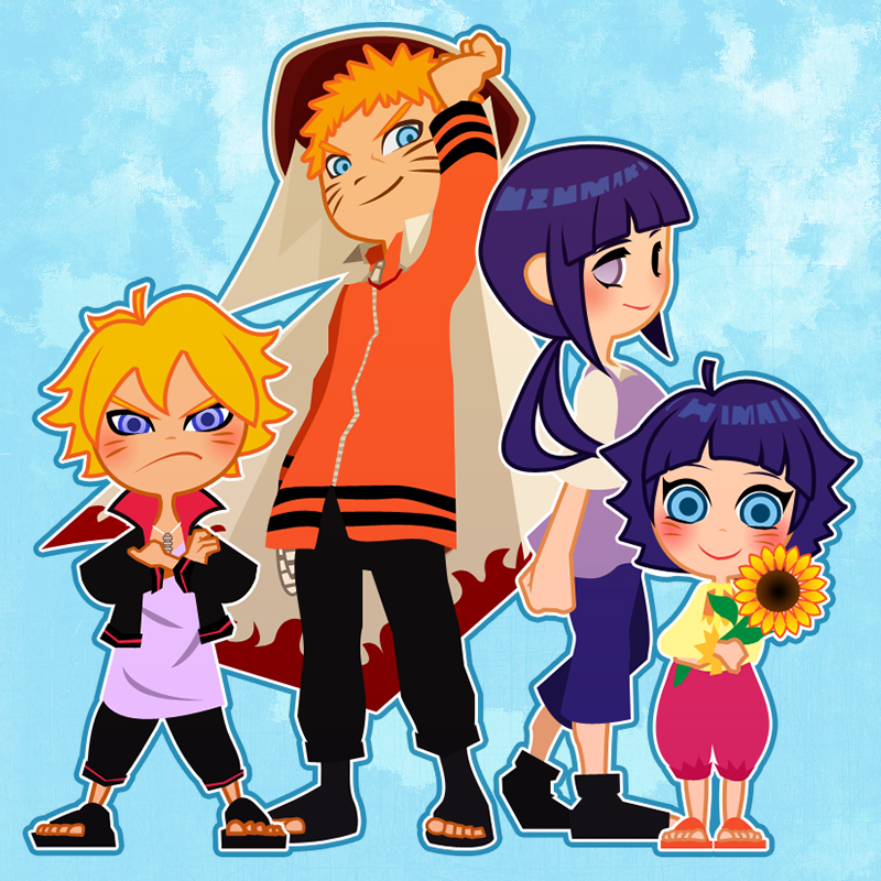 2boys 2girls ahoge artist_request blonde_hair blue_eyes cloak family hyuuga_hinata jacket jewelry lavender_eyes multiple_boys multiple_girls naruto necklace ponytail purple_hair sandals spiky_hair sunflower toeless_legwear uzumaki_boruto uzumaki_himawari uzumaki_naruto whiskers zipper