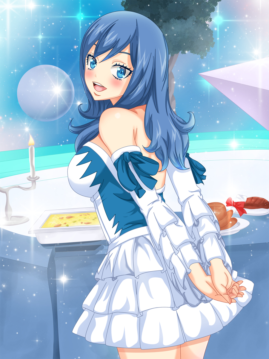 1girl blue_eyes blue_hair blush breasts candle dress facu10mag fairy_tail fire food juvia_loxar large_breasts looking_at_viewer open_mouth tagme