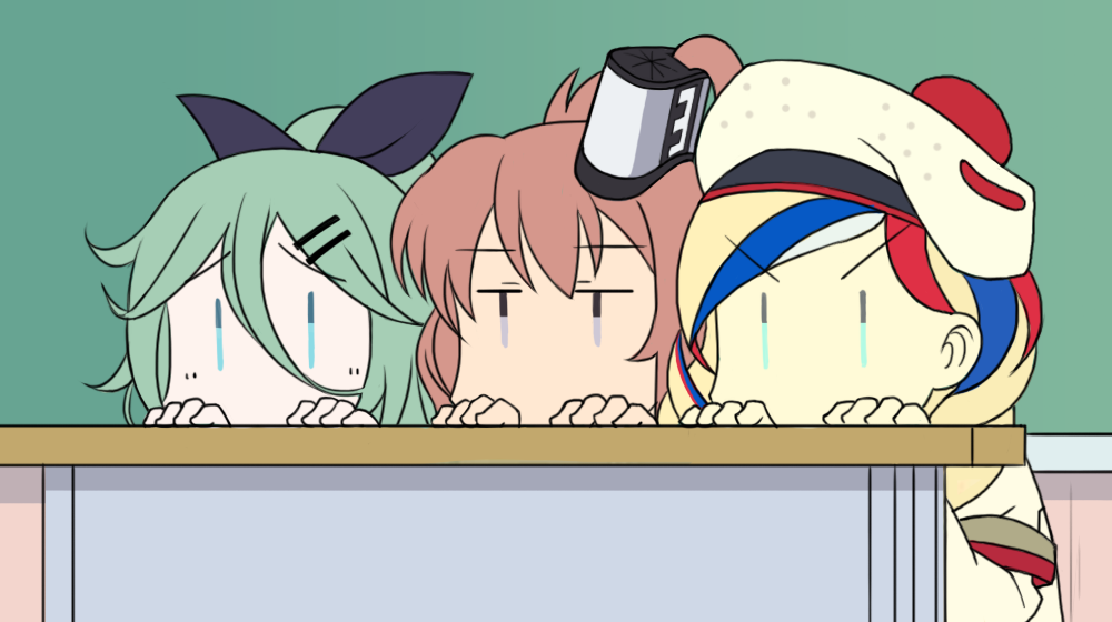 3girls beret black_ribbon blonde_hair blue_eyes blue_hair brown_eyes brown_hair chalkboard commandant_teste_(kantai_collection) female flat_color green_eyes green_hair hat indoors kantai_collection long_hair multicolored_hair multiple_girls nichijou parody ponytail redhead ribbon saratoga_(kantai_collection) side_ponytail siro@ style_parody table white_hair white_hat yamakaze_(kantai_collection) |_|