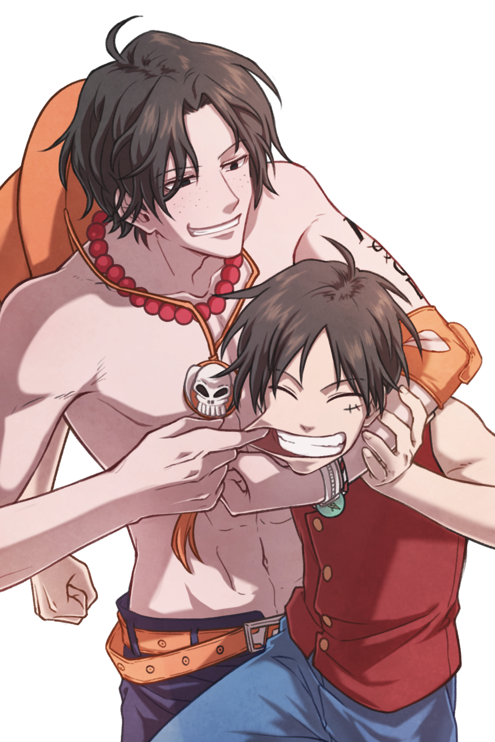 2boys brothers family freckles male_focus monkey_d_luffy multiple_boys one_piece portgas_d_ace rubber siblings smile stampede_string stretch tattoo topless vest