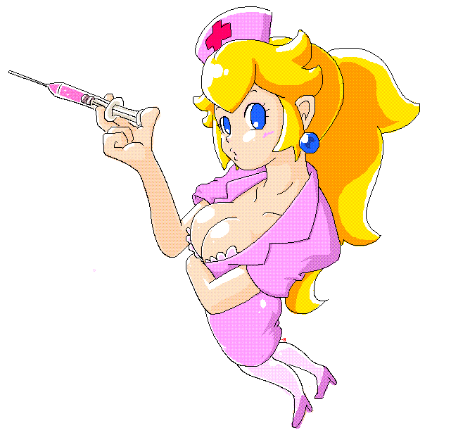 1girl blonde_hair blue_eyes blush breasts cleavage earrings high_heels jewelry looking_at_viewer super_mario_bros. minus8 nurse ponytail princess_peach super_mario_bros. syringe