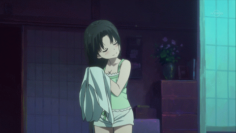 1girl aiura animated animated_gif bare_shoulders black_hair blush bouncing_breasts breasts camisole cleavage closed_eyes drying_hair long_hair lowres night shorts smile solo towel uehara_ayuko