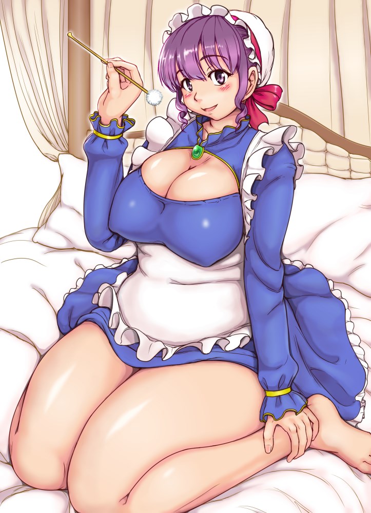 1girl blush breasts cleavage cleavage_cutout erect_nipples large_breasts looking_at_viewer maid_headdress open_mouth original orizen plump purple_hair short_hair sitting smile solo thick_thighs thighs violet_eyes wide_hips
