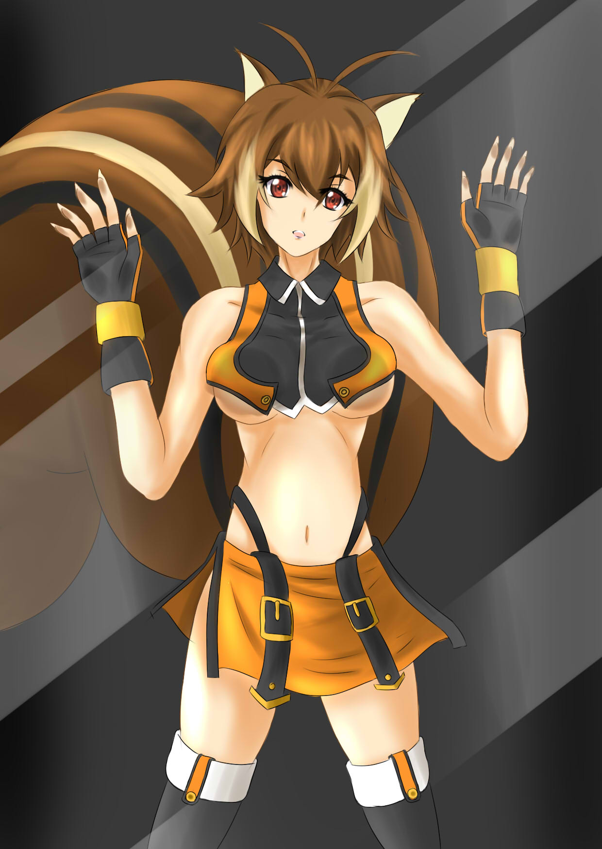 1girl against_glass against_screen animal_ears antenna_hair arc_system_works artist_request blazblue breast_press breasts brown_eyes brown_hair fingerless_gloves fourth_wall gloves large_breasts looking_at_viewer makoto_nanaya midriff miniskirt navel open_mouth short_hair skirt smile solo squirrel_ears squirrel_tail thigh-highs under_boob