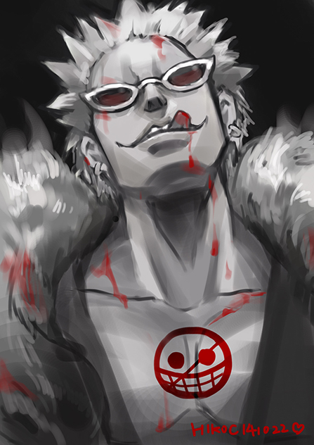 1boy blood donquixote_doflamingo donquixote_pirates jolly_roger male_focus one_piece solo spot_color sunglasses tongue