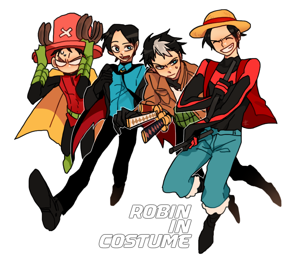 4boys batman_(series) black_hair bodysuit brothers cape cosplay damian_wayne dc_comics dick_grayson escrima_stick gauntlets haramaki hat jacket jason_todd male_focus monkey_d_luffy multicolored_hair multiple_boys necktie nightwing one_piece red_hood_(dc) red_robin robin_(dc) roronoa_zoro sanji siblings straw_hat sword tim_drake tony_tony_chopper transparent_background two-tone_hair vest weapon