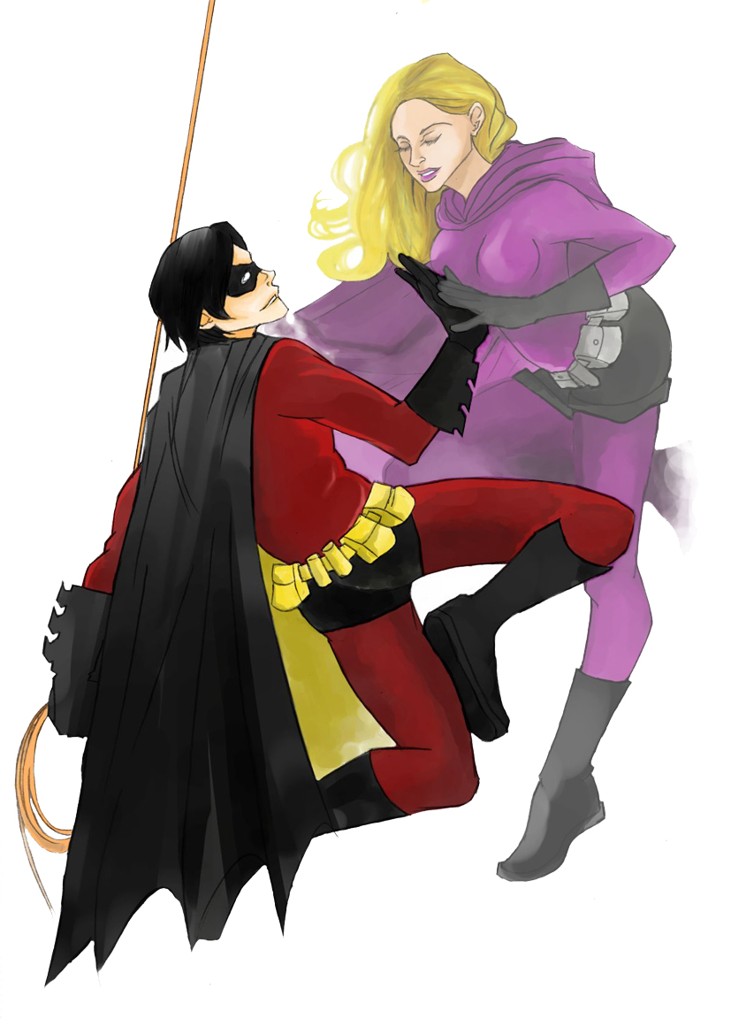 1boy 1girl batman_(series) belt black_hair black_shoes blonde_hair bodysuit boots cape cloak couple dc_comics domino_mask gauntlets gloves mask robin_(dc) rope shoes simple_background spoiler_(dc) stephanie_brown tim_drake