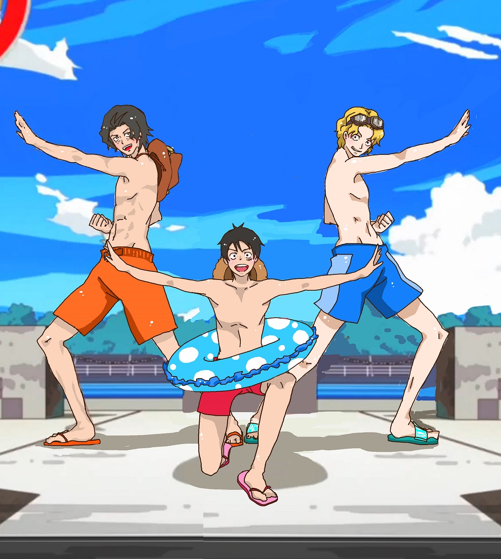 3boys black_hair blonde_hair brothers freckles innertube male_focus monkey_d_luffy multiple_boys one_piece portgas_d_ace sabo_(one_piece) scar siblings swim_trunks swimsuit topless trio