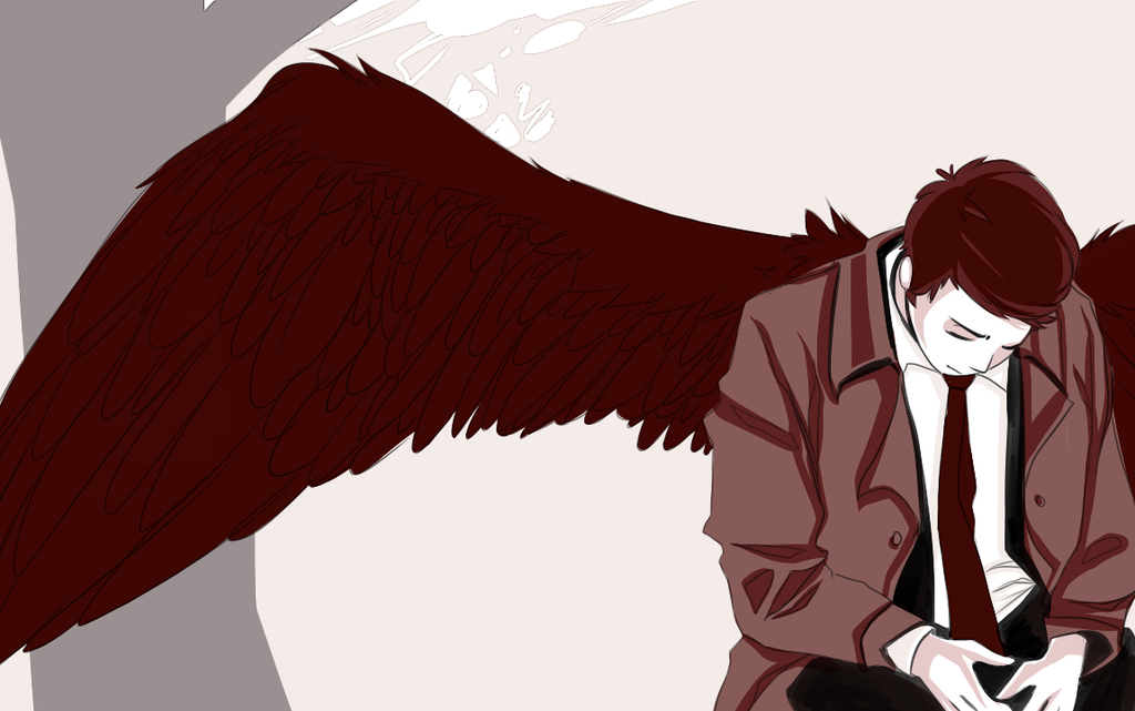 1boy angel_wings brown_hair castiel closed_eyes necktie sitting solo supernatural_(tv_series) text trench_coat wings