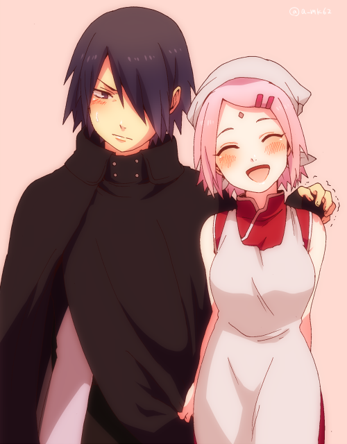 1boy 1girl amiko apron blush cloak closed_eyes facial_mark fingerless_gloves forehead_mark gloves hair_ornament hair_over_one_eye hairclip haruno_sakura husband_and_wife naruto pink_hair shaking smile uchiha_sasuke