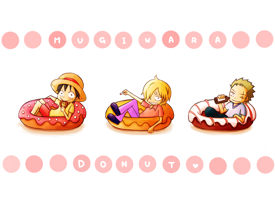 3boys black_hair blonde_hair chibi doughnut food green_hair male_focus monkey_d_luffy multiple_boys one_piece pastry roronoa_zoro sanji sitting trio