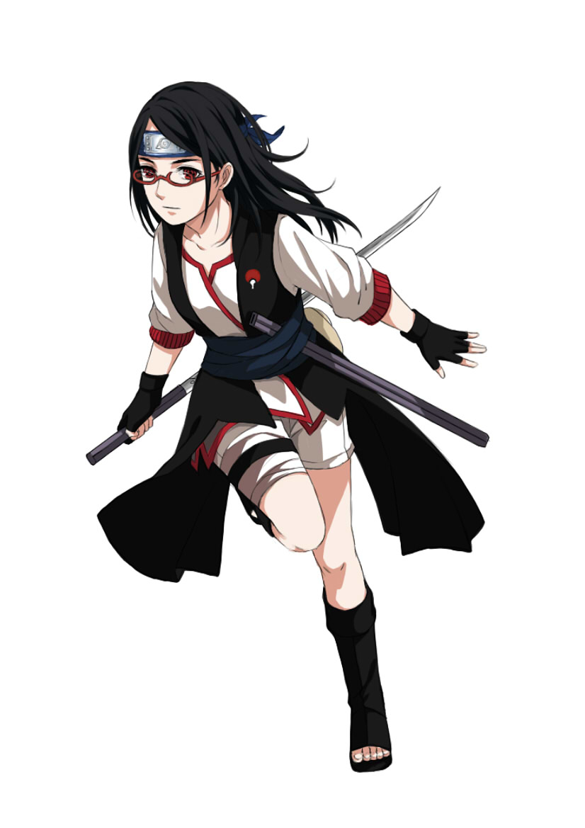 1girl black_hair glasses long_hair naruto older red_eyes shi_er_xian sword uchiha_sarada weapon