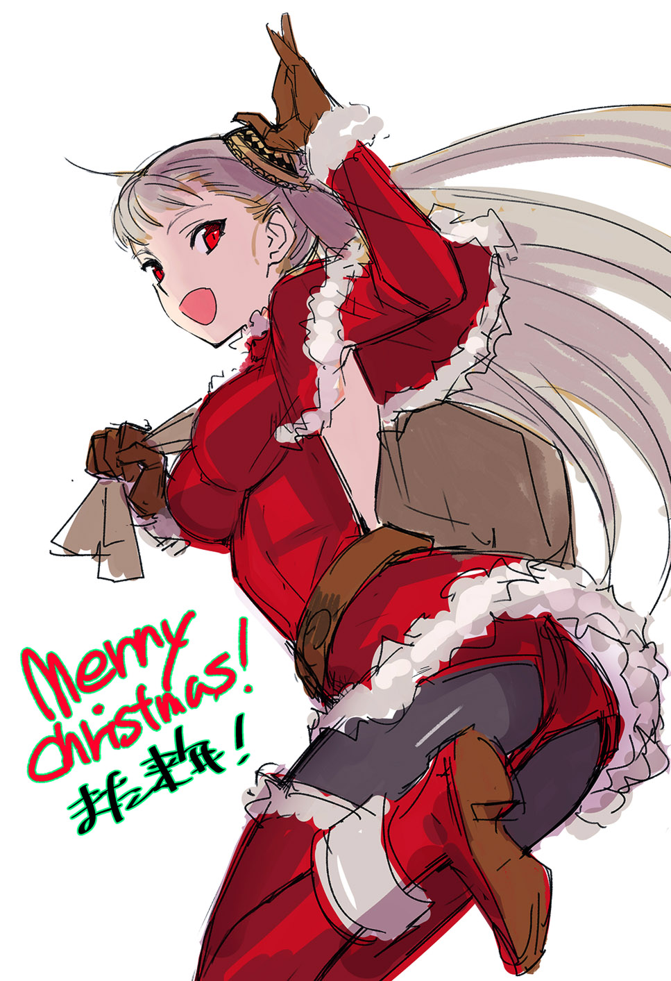 1girl belt boots breasts capcom_fighting_jam christmas dress gloves hairpods highres ingrid long_hair merry_christmas open-back_dress pantyhose red_eyes sack santa_costume shoes skirt smile solo tetsu_(kimuchi) thigh-highs thighhighs_over_pantyhose white_hair