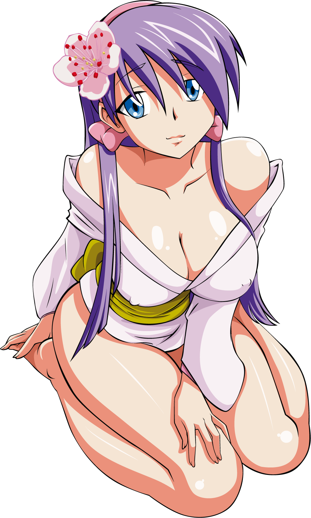 00s ass bare_shoulders barefoot blue_eyes breasts cleavage erect_nipples exposed_shoulders flower hands_on_feet japanese_clothes kimono large_breasts lavender_hair lou_roux pink_ribbon ribbon shinkon_gattai_godannar!! sitting wariza