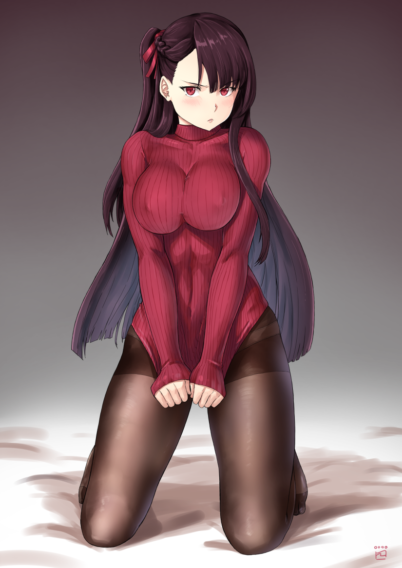 1girl bangs black_legwear blunt_ends blush braid breasts closed_mouth clothes_tug commentary_request covered_navel covered_nipples eyebrows_visible_through_hair finalcake girls_frontline gradient gradient_background grey_background hair_ribbon impossible_clothes impossible_sweater kneeling large_breasts light_frown lips long_hair long_sleeves looking_at_viewer no_bra no_pants no_shoes pantyhose red_eyes red_ribbon red_sweater ribbed_sweater ribbon sleeves_past_wrists solo sweater sweater_tug thighs turtleneck turtleneck_sweater wa2000_(girls_frontline)