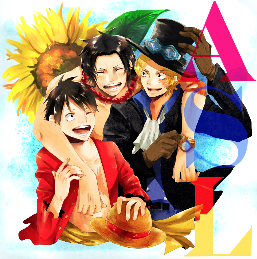 3boys blonde_hair bracelet brothers brown_hair cravat freckles goggles goggles_on_hat hat jewelry male_focus monkey_d_luffy multiple_boys necklace one_piece open_clothes open_shirt portgas_d_ace sabo_(one_piece) scar shirt siblings smile straw_hat tattoo top_hat topless trio