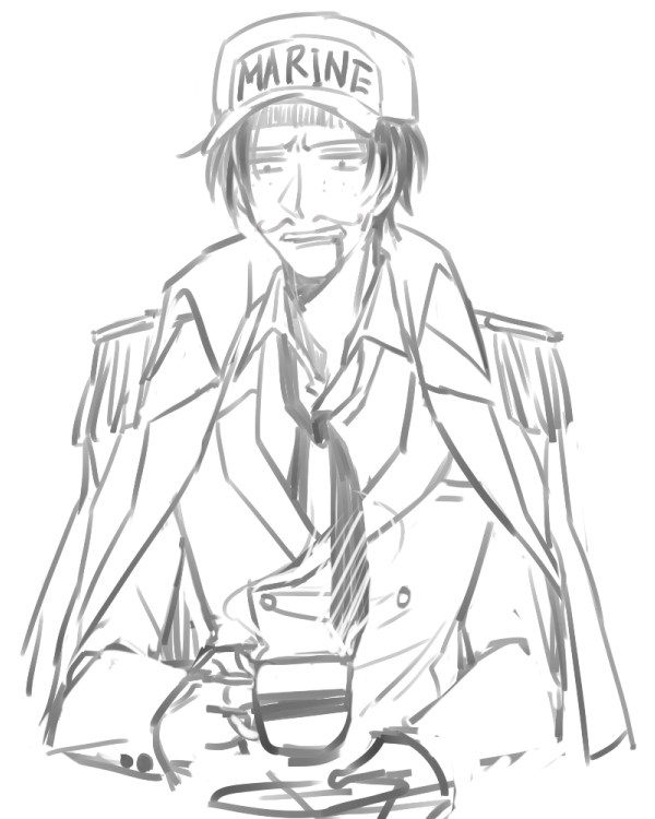 1boy coffee cup disguise fake_mustache freckles hat jacket_on_shoulders male_focus marine one_piece portgas_d_ace sketch solo uniform
