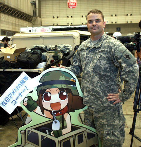 1boy 1girl army-san army-tan bandai camouflage display ground_vehicle hirai_yukio hummer military military_uniform motor_vehicle photo pixel_maritan pose translated uniform us_army