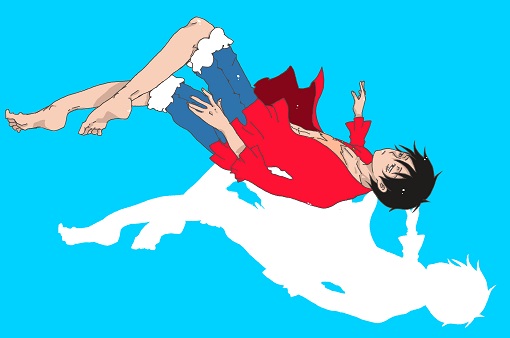 1boy barefoot black_hair long_sleeves male_focus monkey_d_luffy one_piece open_clothes open_shirt red_shirt scar shirt shorts silhouette solo