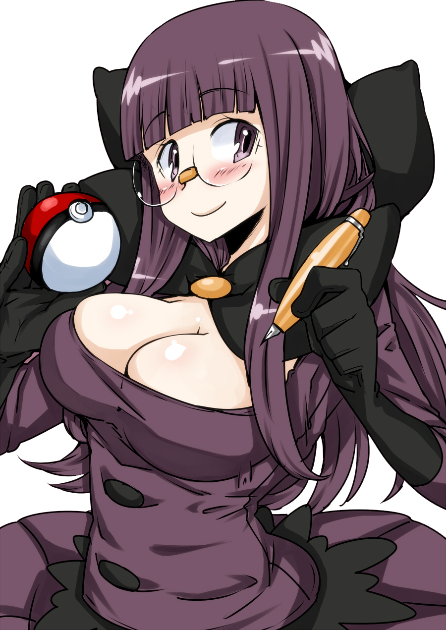10s 1girl alternate_hairstyle bangs blunt_bangs blush breasts cleavage elite_four female glasses gloves highres holding holding_poke_ball large_breasts long_hair maru_(maruttona) pen poke_ball pokemon pokemon_(game) pokemon_bw purple_hair purple_skirt shikimi_(pokemon) simple_background skirt smile solo transparent_background
