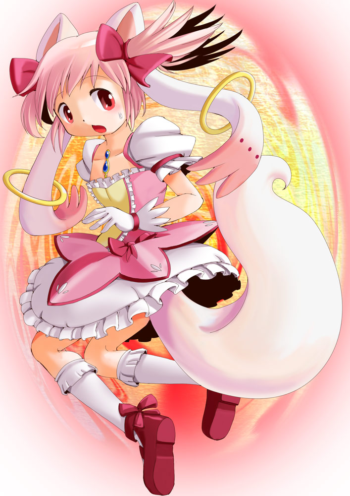 1girl edmol gloves kaname_madoka kyubey mahou_shoujo_madoka_magica pink_eyes pink_hair solo transformation