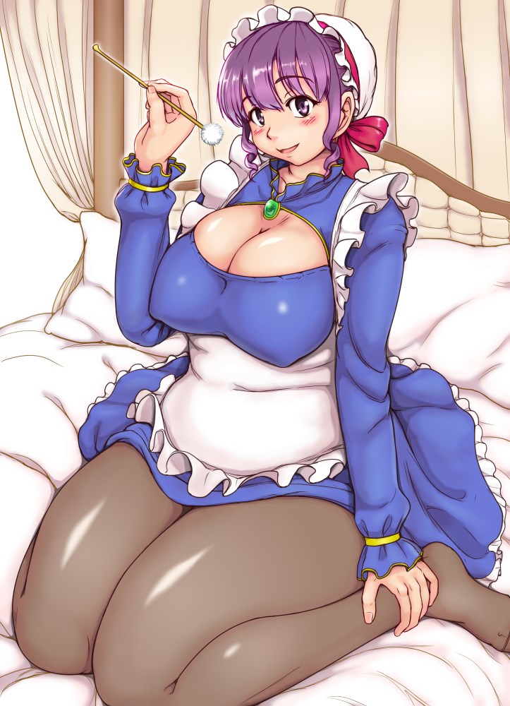 1girl blush breasts cleavage cleavage_cutout erect_nipples feet hands_on_feet large_breasts looking_at_viewer maid_headdress open_mouth original orizen pantyhose plump purple_hair short_hair sitting smile solo thick_thighs thighs violet_eyes wide_hips