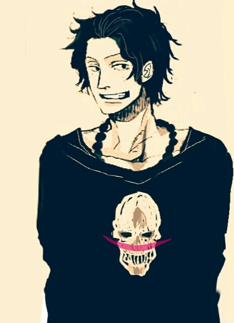 1boy freckles jewelry jolly_roger male_focus monochrome necklace one_piece portgas_d_ace smile solo whitebeard_pirates