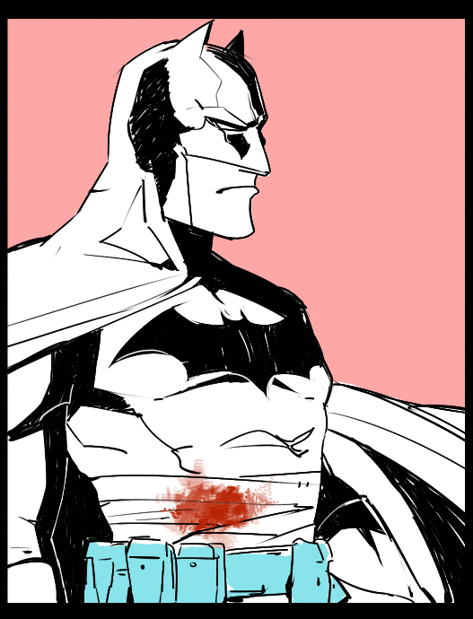 1boy animal_ears bandage bat_(symbol) batman batman_(series) belt border bruce_wayne cape dc_comics gauntlets injury justice_league limited_palette mask solo